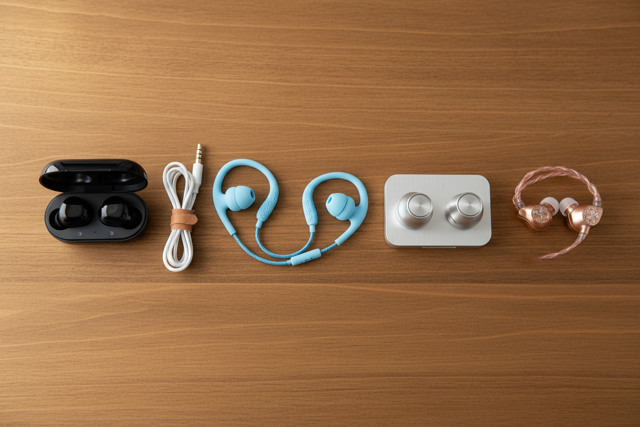 crea una imagen en una mesa de madera en donde hayan 5 tipos de earbuds